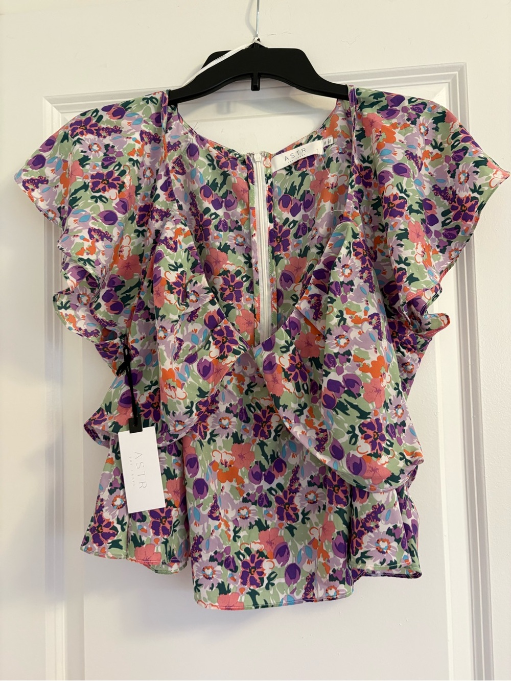 Astr Multicolor Floral Ruffle Sleeve Blouse in Lilac, Purple & Coral